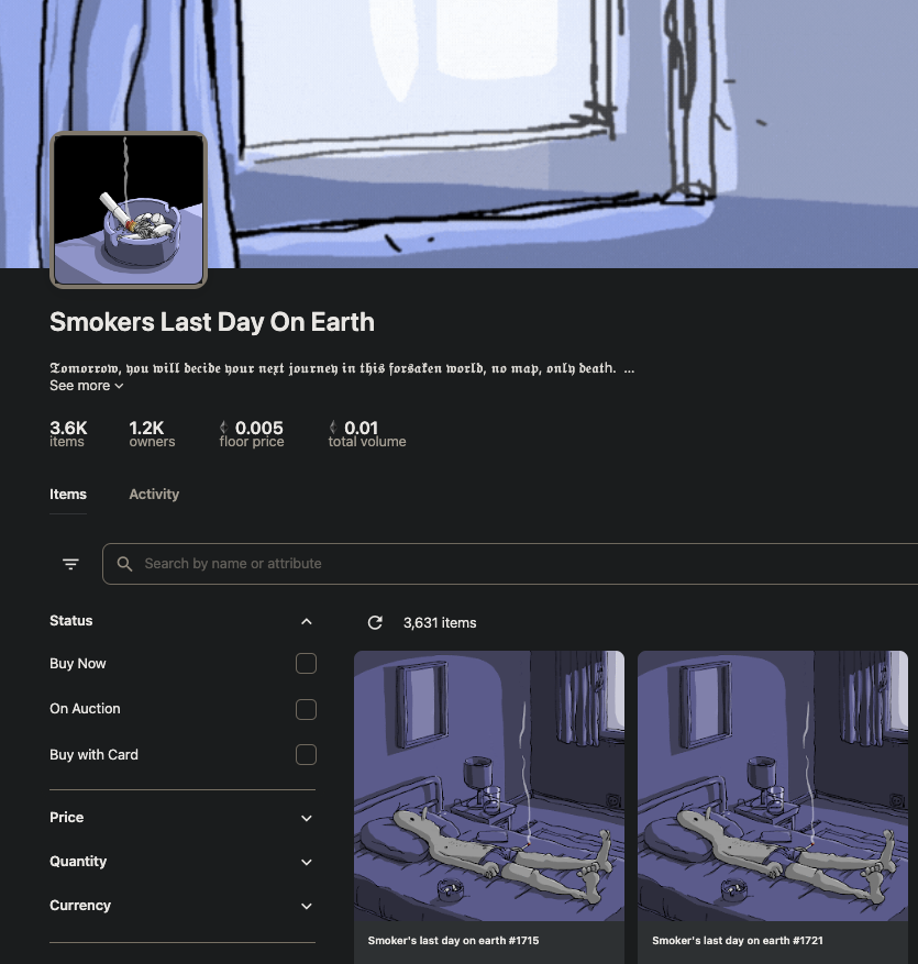 AbstractNPC's tweet photo. Don't buy this collection called 'Smoker's Last Day on Earth' the artwork is stolen from @kubilayodabas. 

Please report this collection for FAKE: https://t.co/ZQ6ixF9wHy https://t.co/2WUxyTcq0O