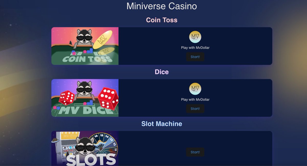 MiniVerse_DeFi's tweet photo. Test you luck today at the #MiniVerse Casino!!!🚀🔥
Coin Toss🪙🪙🪙
Dice Roll 🎲🎲🎲
Slots 🎰🎰🎰🎰

#MvDOLLAR has more use case then any other algorithmic stable coin! We will not stop ever! We will never give up in re gaining peg through our awesome use case! https://t.co/G2W00pg4Kv