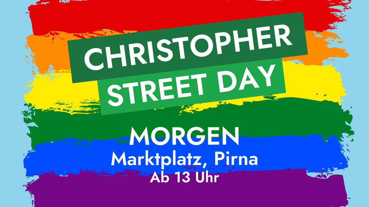 MORGEN: 11. Christopher Street Day in Pirna 🎉

📍Marktplatz
⏰ ab 13 Uhr

Wir sehen uns morgen! 🔥