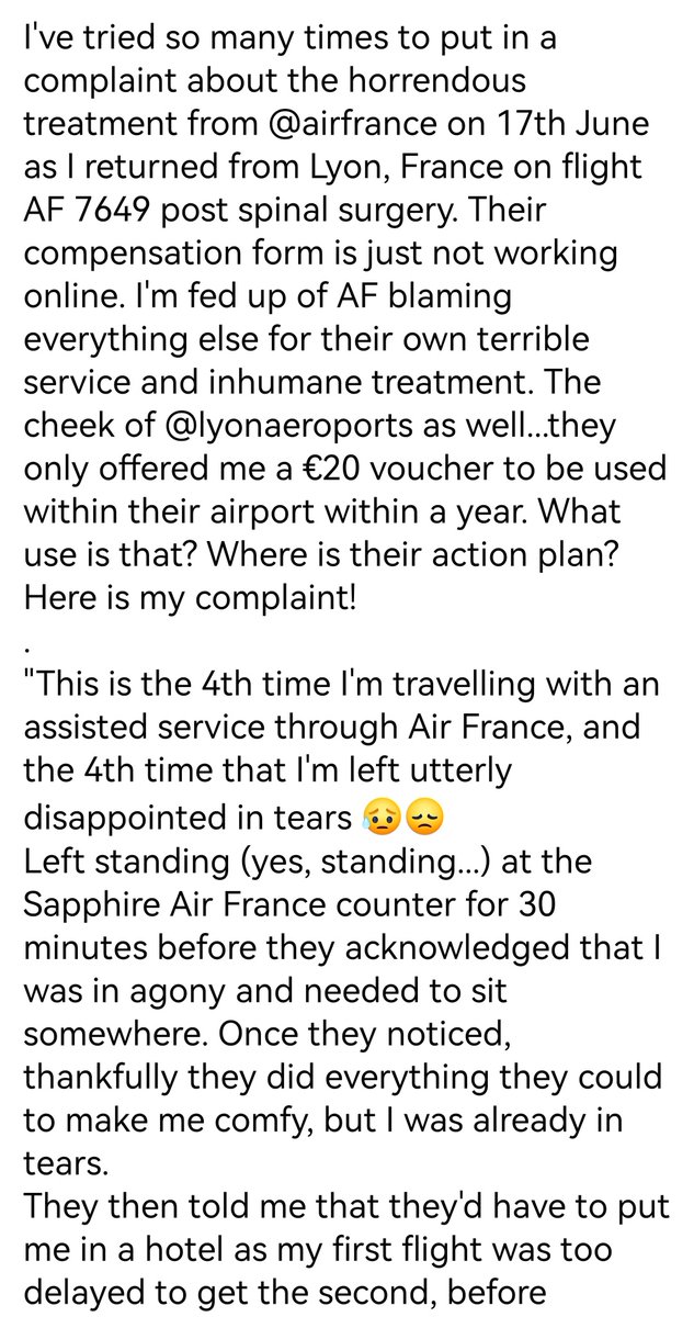 Bex2603's tweet photo. How did @AirFranceUK @airfrance get so inconsiderate, so incapable of simple human care? And @lyonaeroports fail to see to traveller's basic needs? This is my complaint. Please read and share. #AirFrance #Mobility #klm #DisabilityRights #airlines #backsurgery @UK_CAA https://t.co/Zsu2xB4DJ9