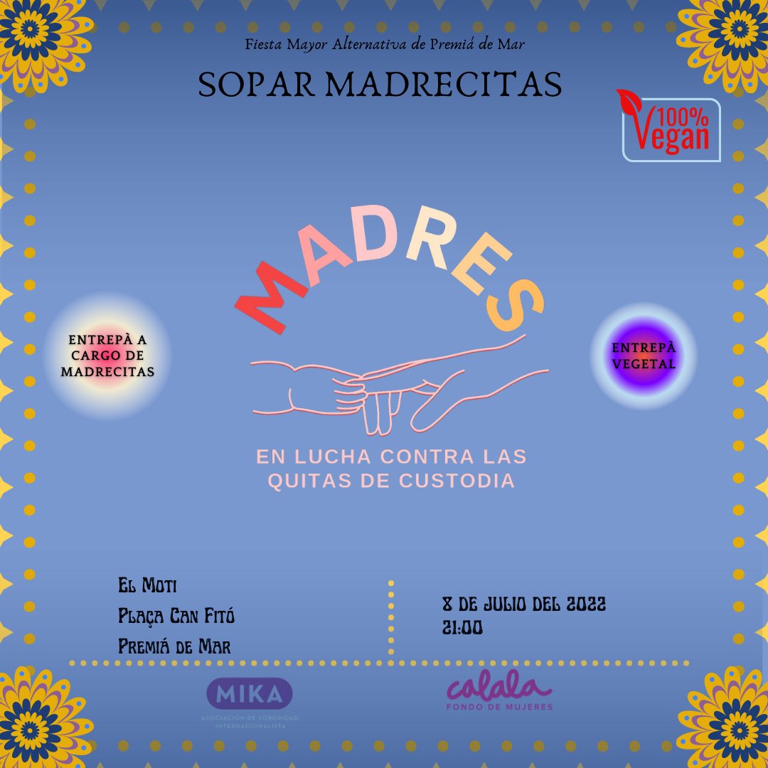 Invitadas por nuestras compas abyayalenses de Mika Sororitat a la fiesta de Premià de Mar d <a href="/elmoti_pdm/">El Motí</a> hacemos cenita vegana bien rica para todos ustedes!
Vengan a celebrar la lucha y resistencia de nuestras wawitas ante el Estado colonial.
Con el apoyo de @calalafondodemujeres