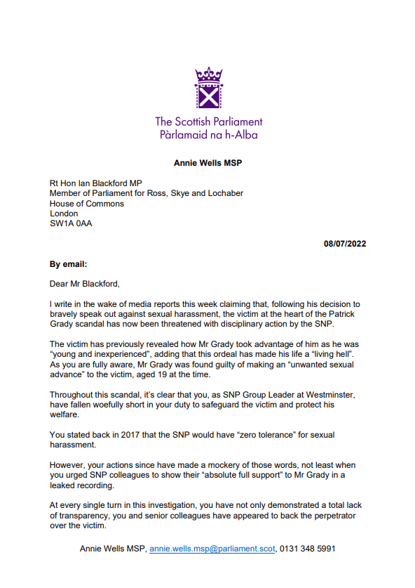 AnnieWells2026's tweet photo. Following reports that the victim at the centre of the Patrick Grady scandal has been threatened with disciplinary action by the SNP, I've written to @Ianblackford_MP to reiterate that he should resign as SNP Group leader immediately. https://t.co/sb4p6OAxGi