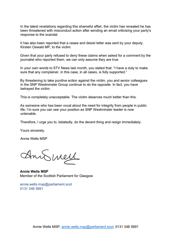 AnnieWells2026's tweet photo. Following reports that the victim at the centre of the Patrick Grady scandal has been threatened with disciplinary action by the SNP, I've written to @Ianblackford_MP to reiterate that he should resign as SNP Group leader immediately. https://t.co/sb4p6OAxGi