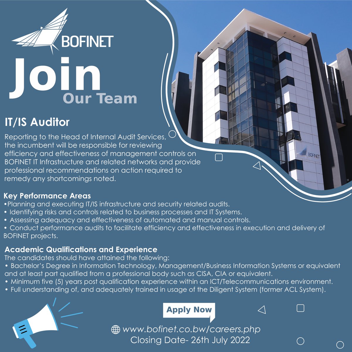 BotswanaFibre's tweet photo. We are looking for suitably qualified, commercially oriented, and self-driven individuals to apply for the following position; IT/IS Auditor. Visit https://t.co/JPHp24lGpG to apply. #BOFINET #jobhunt #jobopportunity #Employment #engineeringjobs https://t.co/PkEhdhy6KH