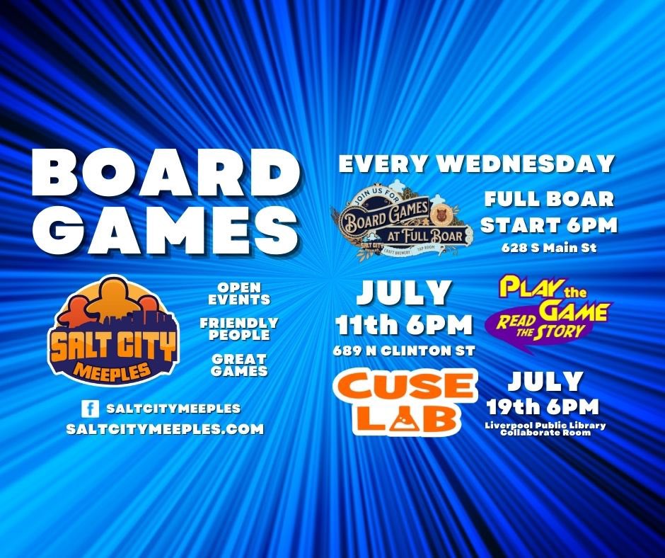 #boardgames in #Syracuse this month! Come over to <a href="/fullboarCB/">Full Boar Brewery</a> every Wednesday! Check out our website (saltcitymeeples.com) for more info and to submit your own #events