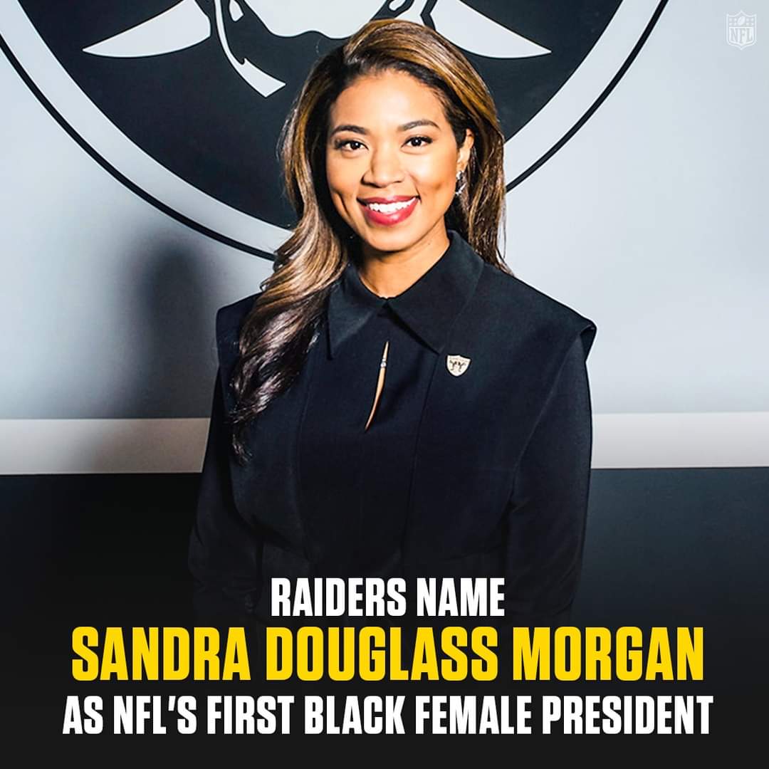 yeswelead's tweet photo. Congrats  Sandra Douglass Morgan on becoming the first Black female NFL President @Raiders. 

#BlackGirlsLead #SandraDouglassMorgan #BlackGirlMagicIsReal #blackexcellence #LadiesFirst #blackgirlmagic #blackgirlsrock #nfl #nflnews #lasvegas #lasvegasraiders #friday #BlackTwitter https://t.co/pOBGx1rjGG