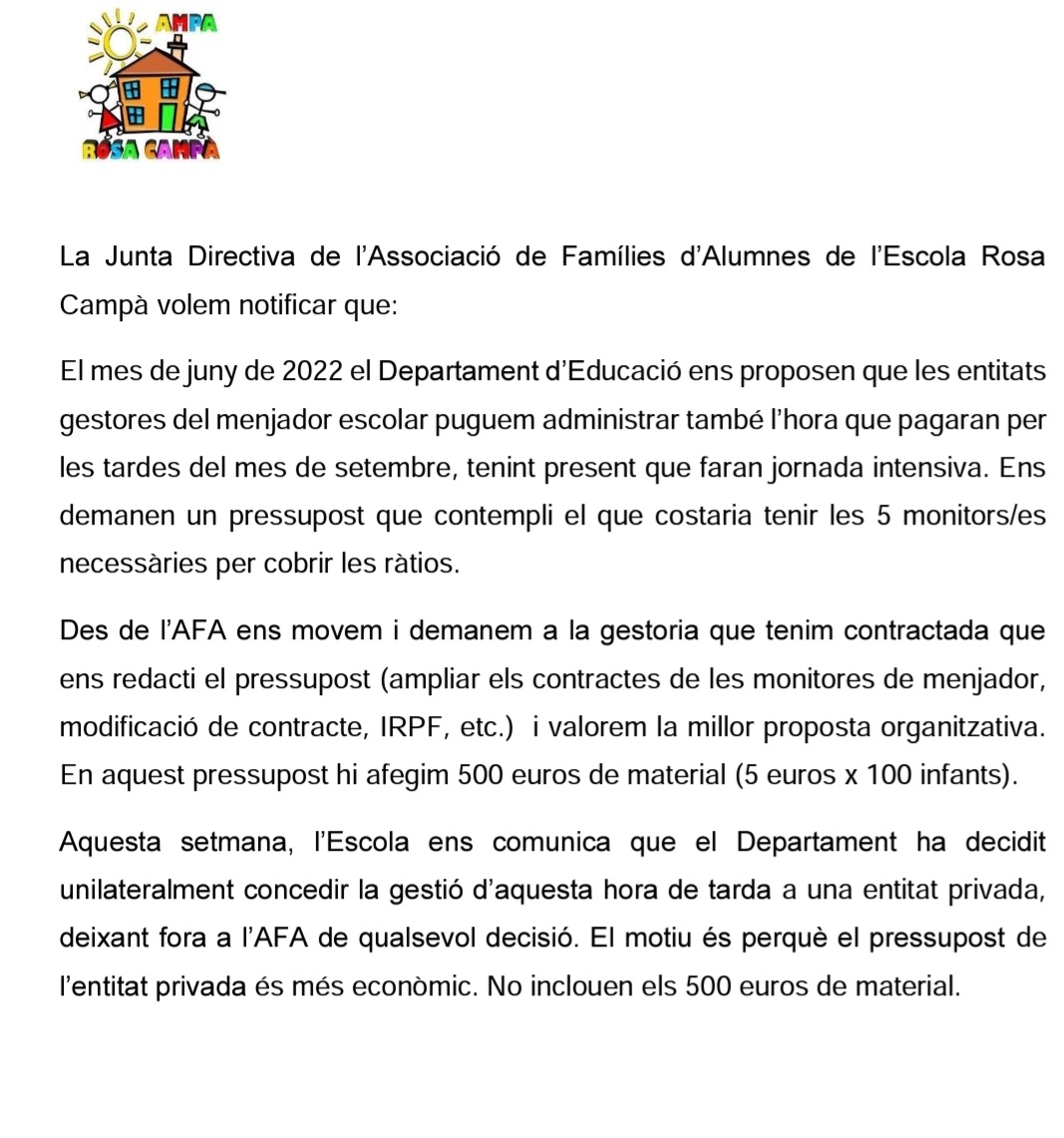 nanferran's tweet photo. Des del departament @educaciocat @JosepGCambray ens han tret la gestió de les tardes de setembre a l'AFA per donar-ho a una entitat privada. Per motius econòmics diuen. Després del desgavells del setembre, ens aparteu a les AFA i externalitzeu el servei. Patètic!! https://t.co/F8gxpNroS5
