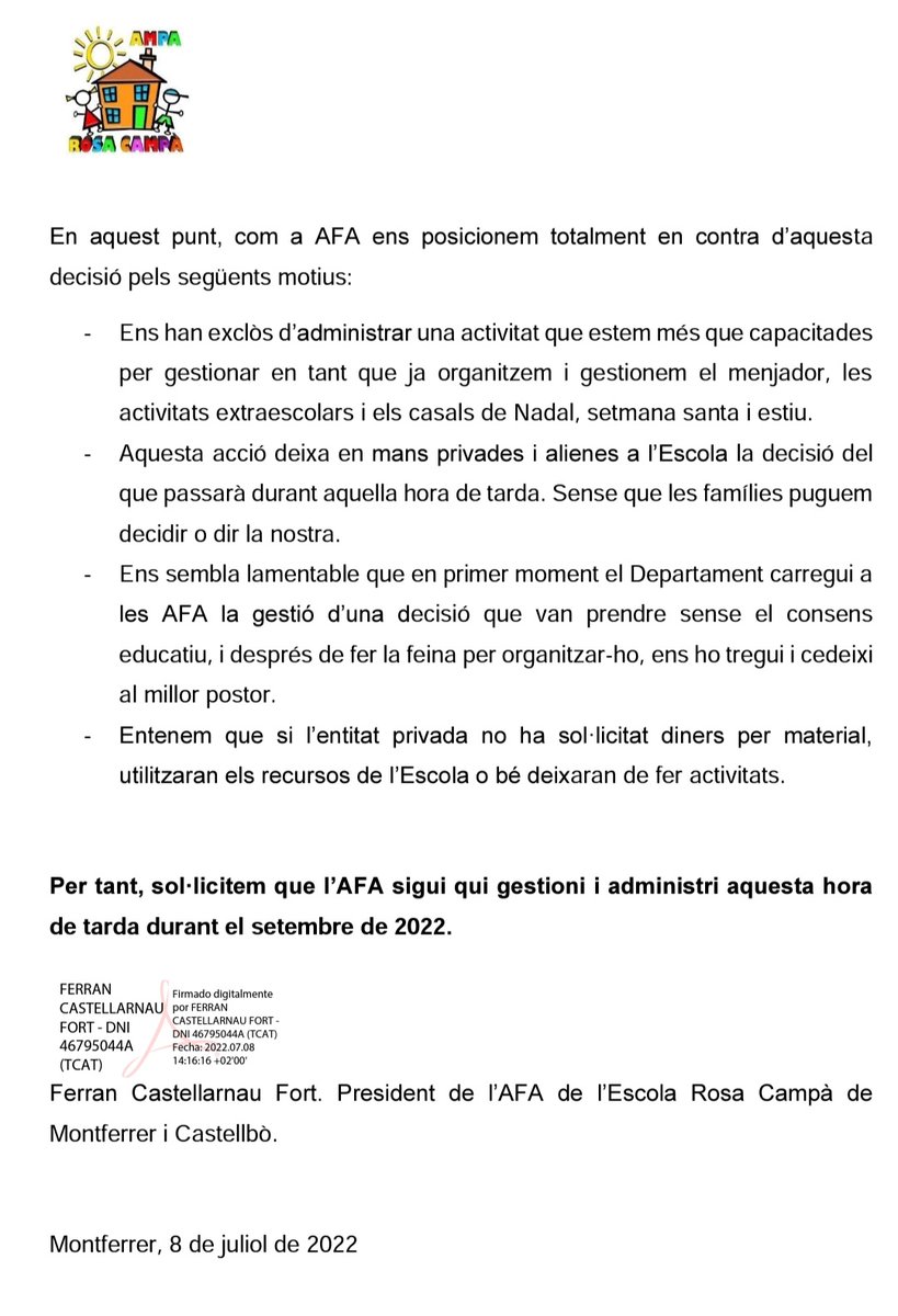 Des del departament <a href="/educaciocat/">Educació</a> <a href="/JosepGCambray/">Josep G. Cambray</a> ens han tret la gestió de les tardes de setembre a l'AFA per donar-ho a una entitat privada. Per motius econòmics diuen. Després del desgavells del setembre, ens aparteu a les AFA i externalitzeu el servei. Patètic!!