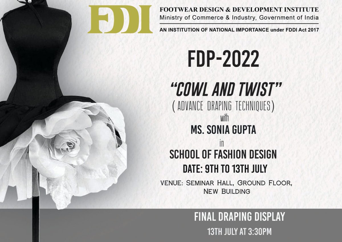 fddiofficial's tweet photo. School of Fashion Design, FDDI NOIDA Campus is organizing a 5 days workshop starting from 9th July 2022 to 13th July 2022 on Advanced Draping Techniques. Resource Person is Ms. Sonia Gupta.
#FDP #training #faculty #learning #fashion #draping #drapingtechnique #fashion https://t.co/eVBJjNB00Z