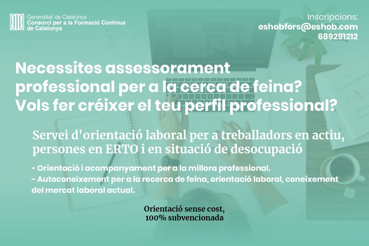Eshob FORS (@fundacioeshob) on Twitter photo Necessites assessorament professional per a la cerca de feina?
Vols fer créixer el teu perfil professional?
💼 Servei d'orientació laboral
👀 Sense cost per a tu
📩 Contacte: eshobfors@eshob.com
<a href="/fpo_continua/">Formació contínua</a> Necessites assessorament professional per a la cerca de feina?
Vols fer créixer el teu perfil professional?
💼 Servei d'orientació laboral
👀 Sense cost per a tu
📩 Contacte: eshobfors@eshob.com
<a href="/fpo_continua/">Formació contínua</a>