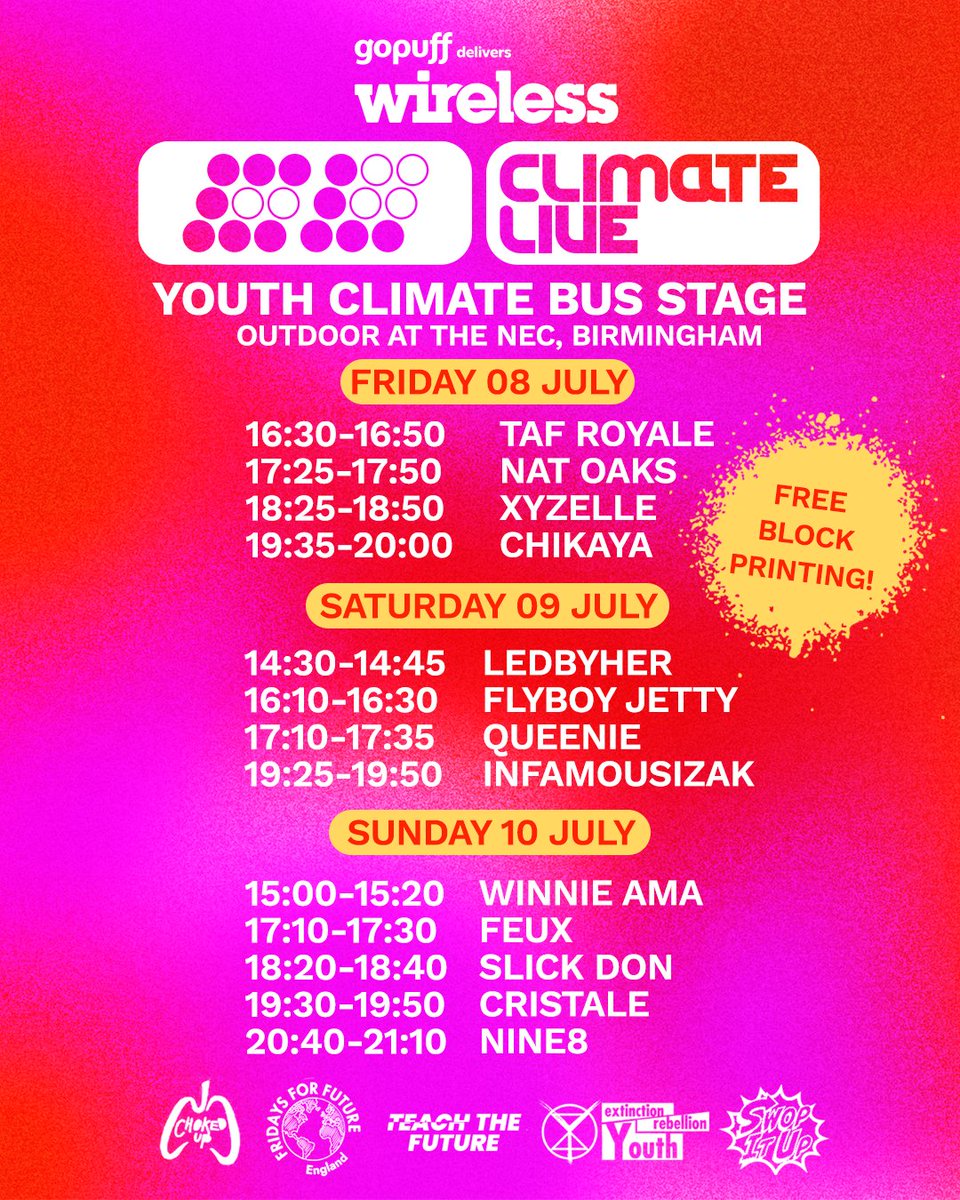 WirelessFest's tweet photo. Check out the lineup and schedule for the Youth Climate Bus Stage at Gopuff delivers Wireless Birmingham! Featuring @nine8collective (@lavalarue @biig_piig + more) @cristaleyy @slickdon. The solar powered stage is run by a coalition of youth climate groups. https://t.co/Fhk43Jg7ah