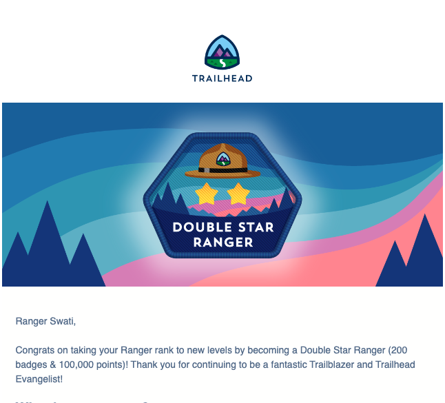 So happy to share that I am a Double Star Ranger! Now - What a Perfect start to the weekend :) 

#salesforce #trailhead #Maketingchampions