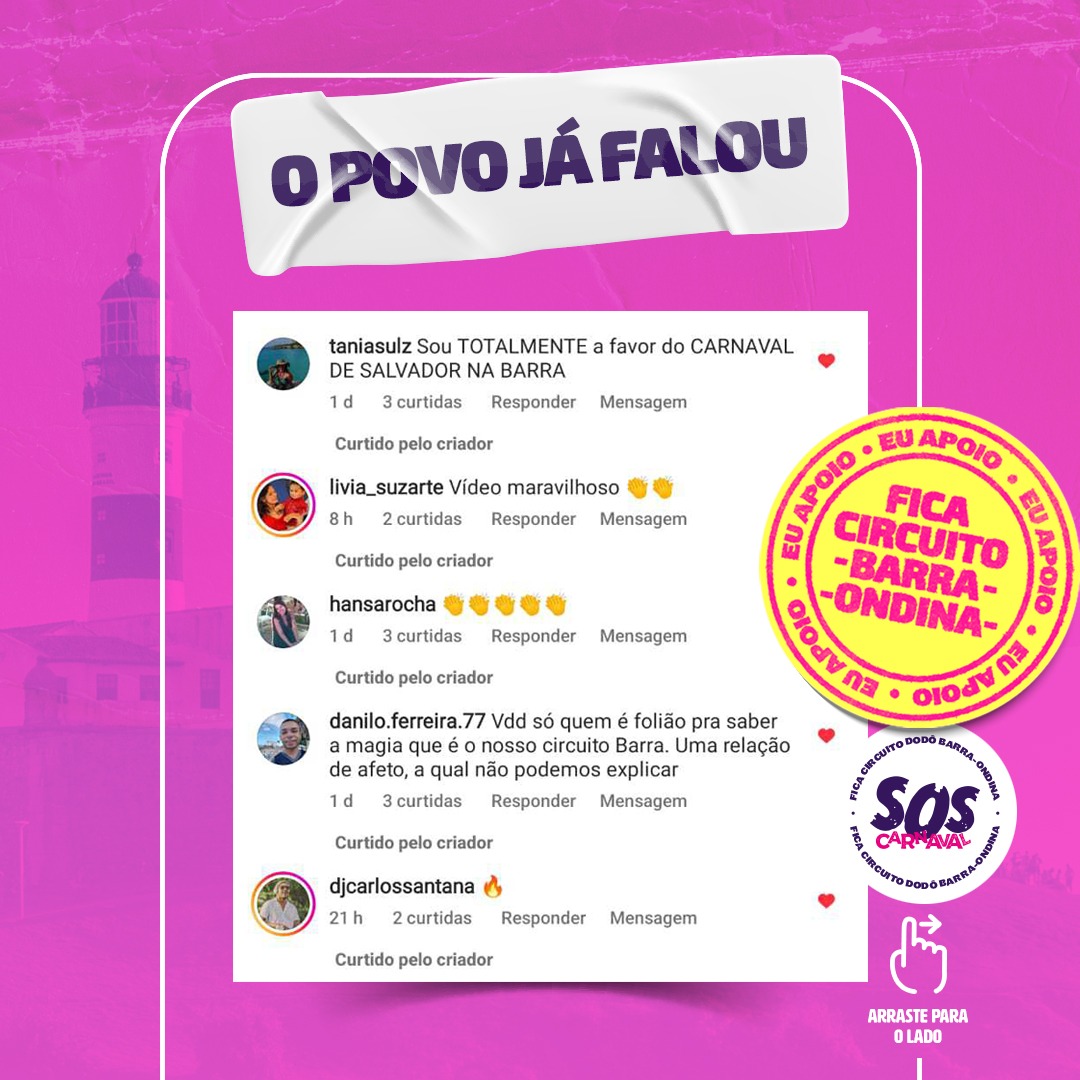 soscarnaval_ssa's tweet photo. O povo já FALOU! 📣
Apoie também esse movimento. Diga não à mudança do circuito Barra-Ondina. Clique no link da bio e colabore com o nosso abaixo-assinado.
#soscarnaval #soscarnavalssa #carnaval #barra #ondina #circuitobarraondina #ficacircuitododô #dodô https://t.co/PkbFA4K0XT