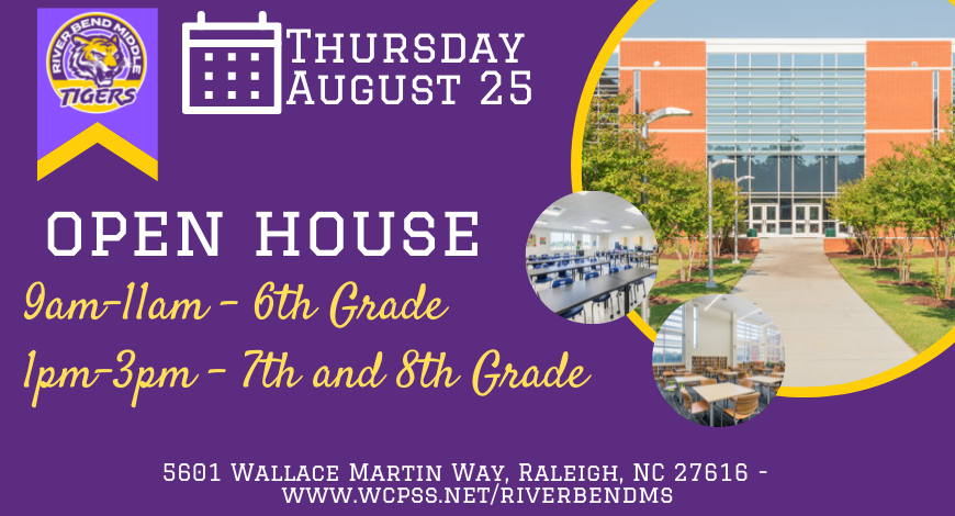 📅👀
Open house for all students and families on August 25.  
Sixth grade will be from 9-11am. 
Seventh and eighth grade from 1-3pm.  

Please park in the back of the school and come through the cafeteria.