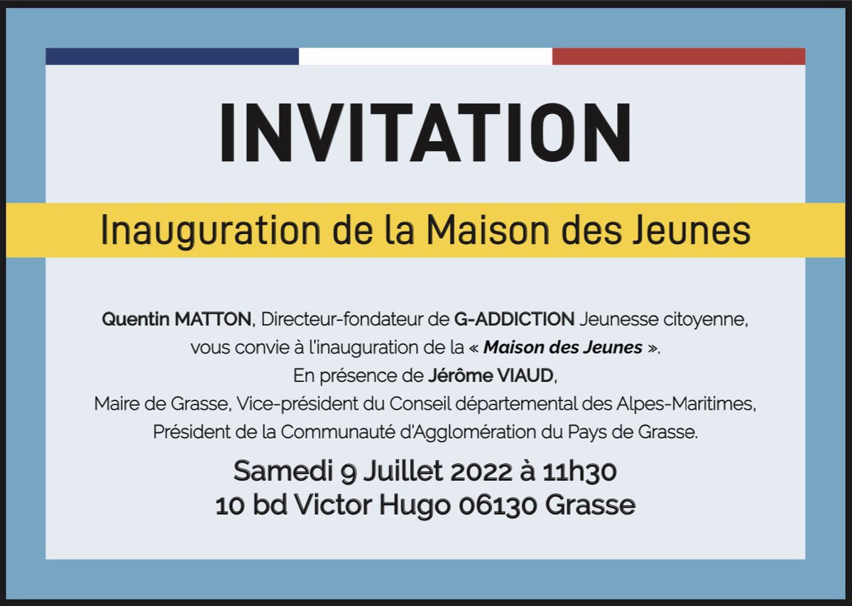 Maison_D_jeunes's tweet photo. 🚀 La toute nouvelle Maison des jeunes ouvre ses portes demain, samedi 9 juillet dès 11h30, en présence de @JeromeViaud, à #Grasse ! 🚀
▶️ booster de citoyenneté
▶️ laboratoire d’idées
▶️ accélérateur de solidarité https://t.co/4seUYuwLVB