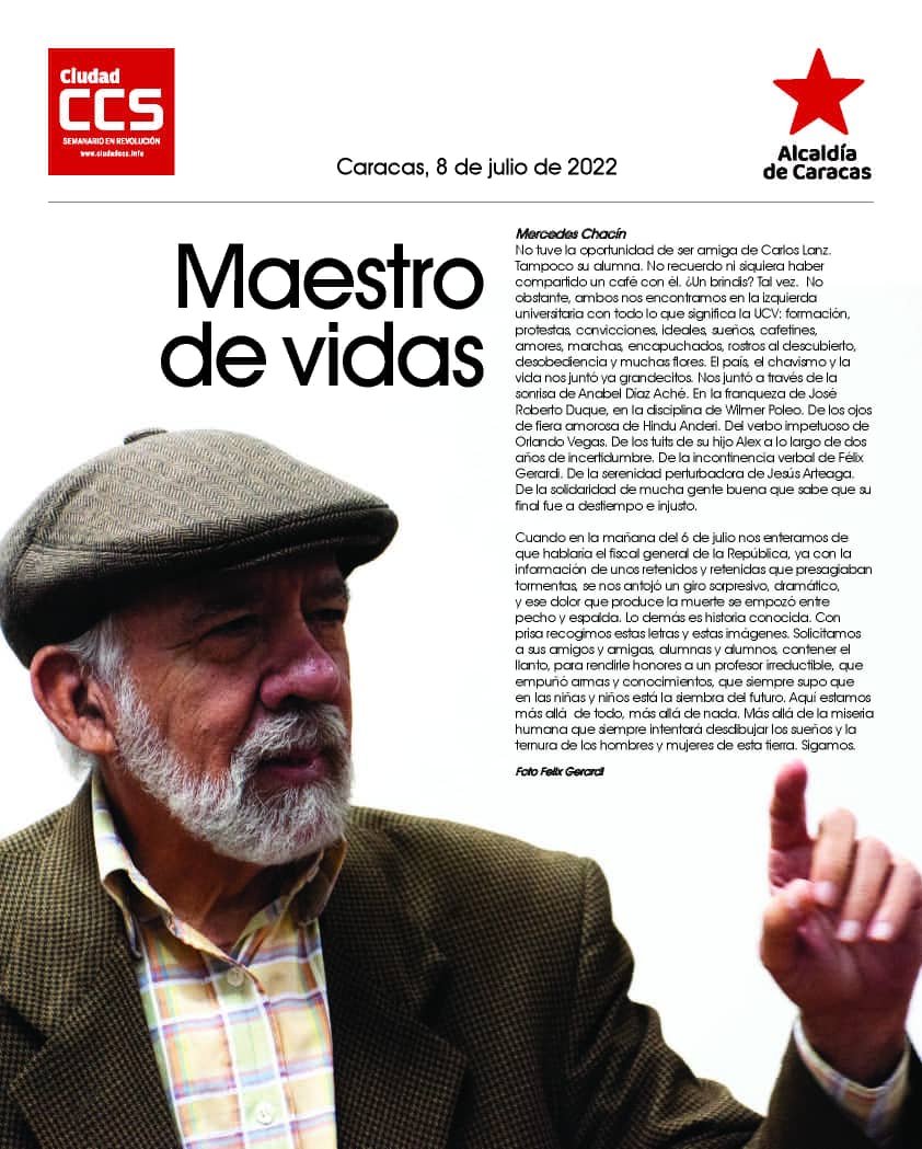 @EnnioDM 📕 Carlos Lanz Rodríguez.

📰 Maestro de vidas. 

Publicación PDF Semanario Ciudad CCS, 8 de Julio 2022, Descárgala. 

Foto @FelixGerardi

👩‍💻 ciudadccs.info/?s=maestro+de+…

#8Ju 🇻🇪📢 #NuevaEraDeLaComunicación @alanz
