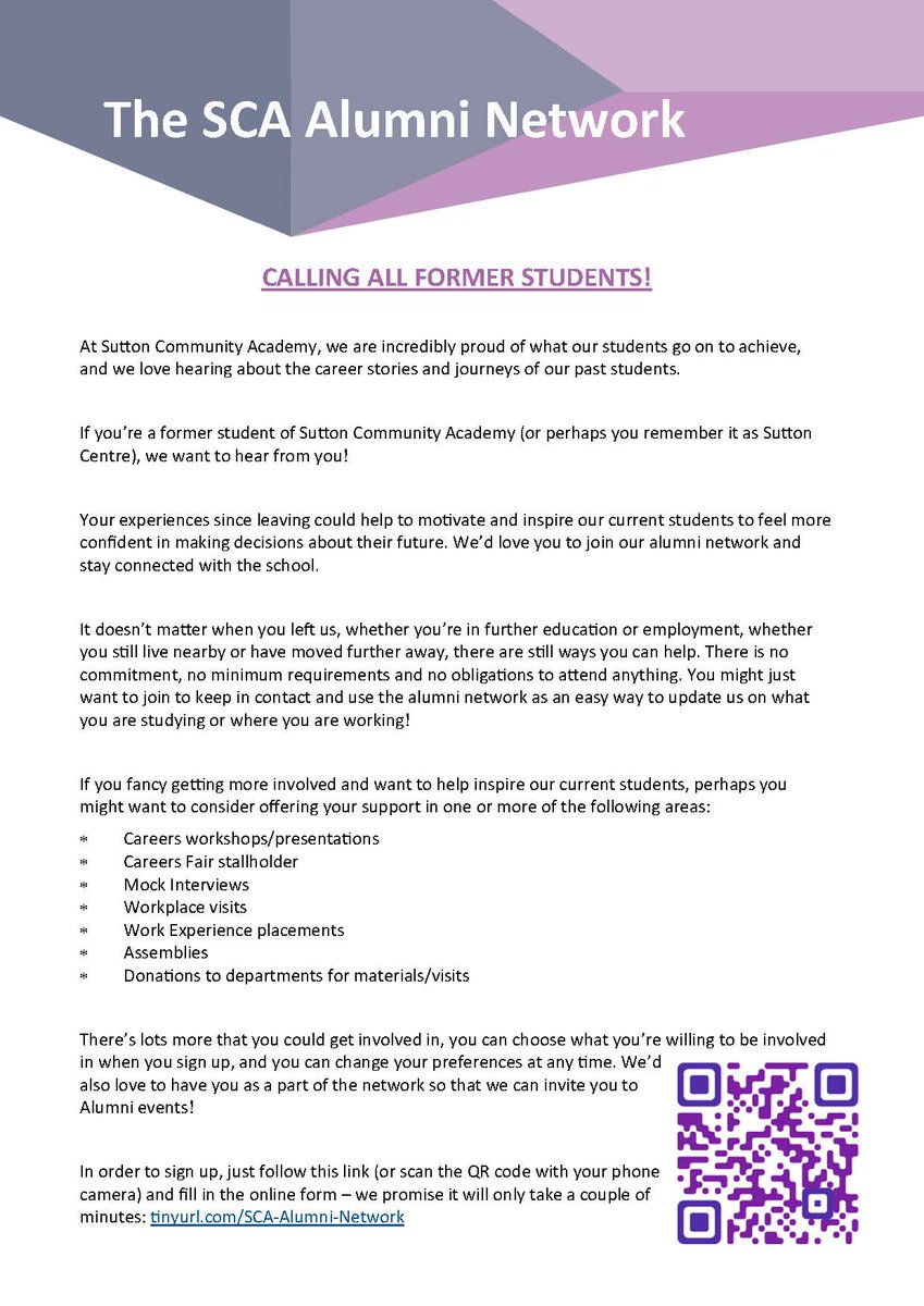 SuttonAcademy's tweet photo. The SCA Alumni Network, calling all former students. If you’re a former student of Sutton Community Academy (or perhaps you remember it as Sutton Centre), we want to hear from you! #SCAalumni #thesuttonway https://t.co/97Jtl3spME