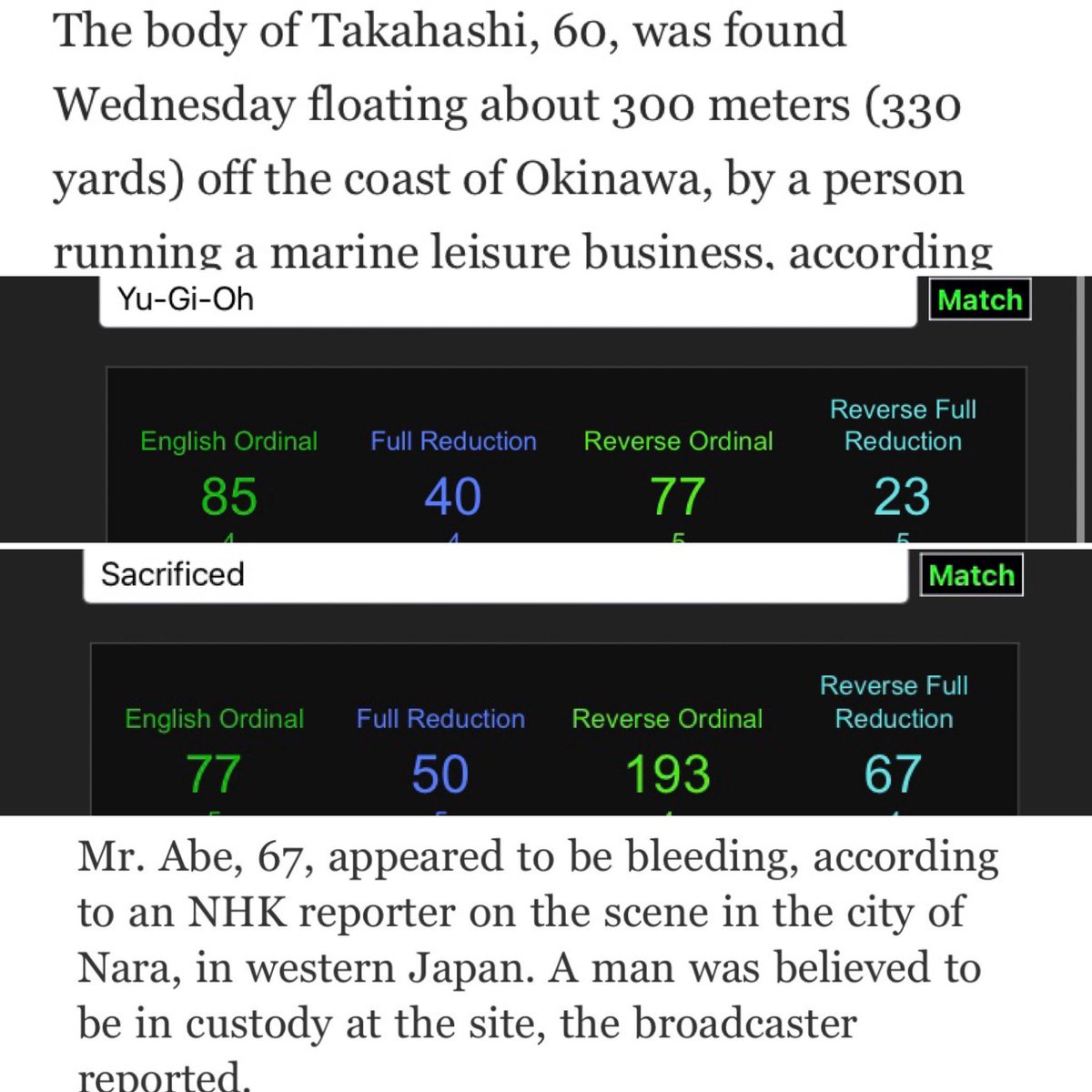 JM14LikePi's tweet photo. Yu Gi Oh creator found dead, “snorkeling “
Same day? Abe “assassinated”

#Gematria https://t.co/istjcrwNtQ