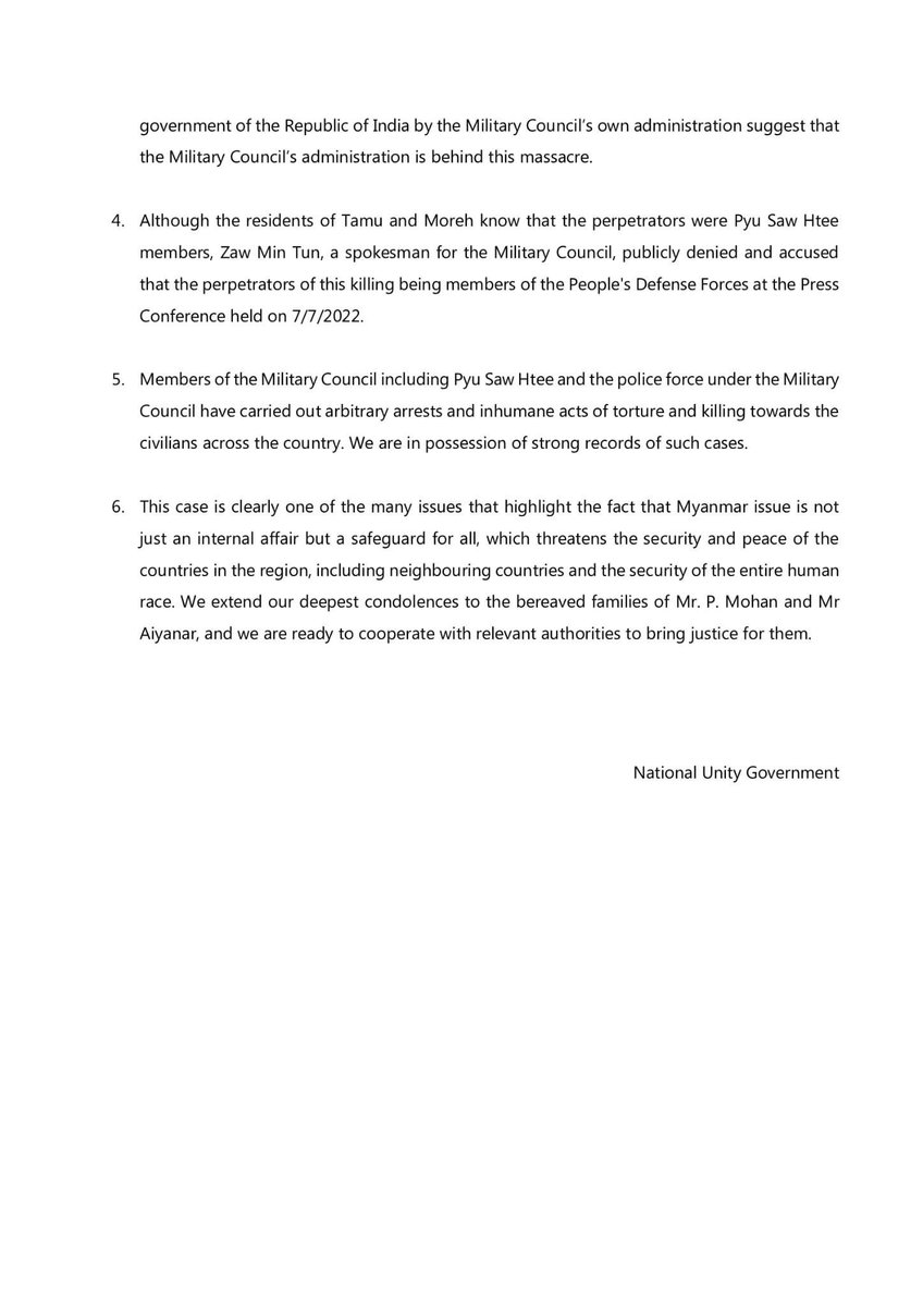 ZinMarAungNUG's tweet photo. Republic of the Union of Myanmar
National Unity Government

Statement on the killing of two Indian citizens in Tamu town

@NUGMyanmar https://t.co/0Oz4fehrL0