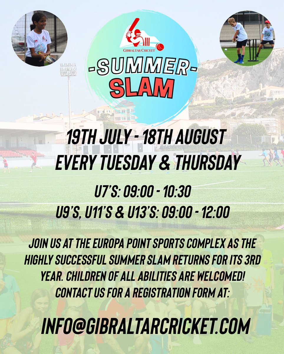 SUMMER SLAM 2022 🏏☀️ 19th JULY - 18th AUGUST Join us for an action packed 5 weeks of Cricket in the sun, where all abilities are welcomed. If you know of a child who might be interested, contact us at info@gibraltarcricket.com for a registration form! #FeelsLikeSummer