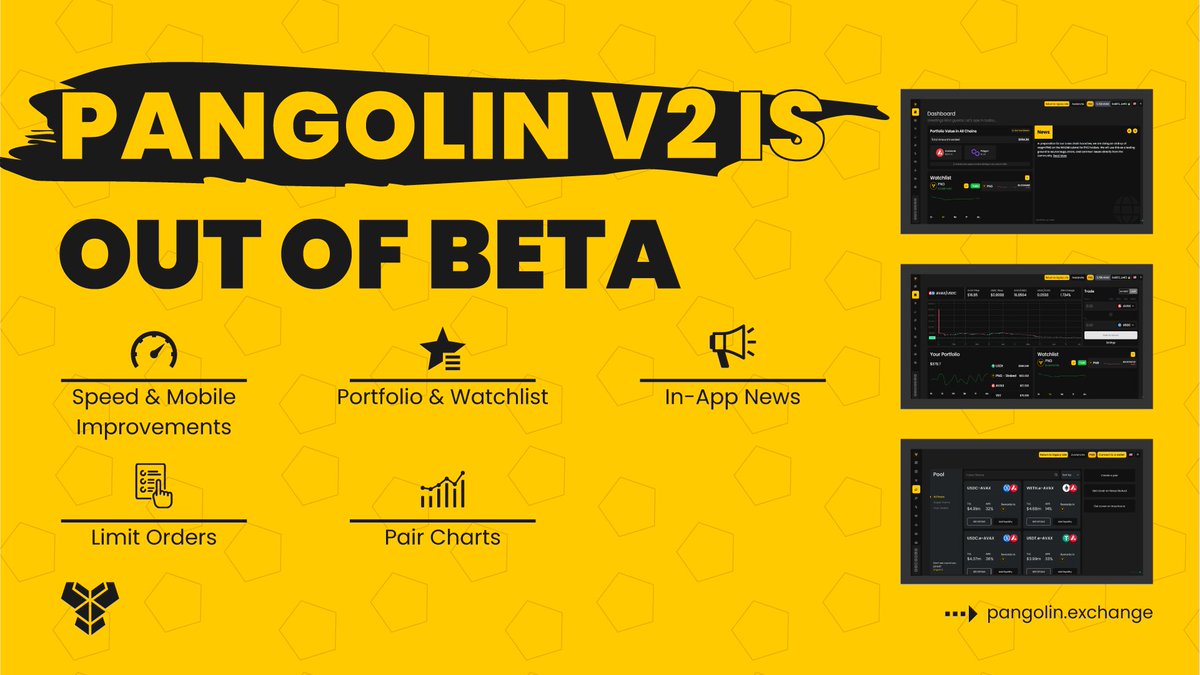 🚨 PANGOLIN V2 HAS OFFICIALLY MOVED OUT OF BETA 🚨

After months of work, our team has migrated V2 to our main site with:
✅Speed &amp; Mobile Improvements
✅Portfolio &amp; Watchlist Functionality
✅In-App News
✅Limit Orders
✅Pair Charts
➡️ app.pangolin.exchange