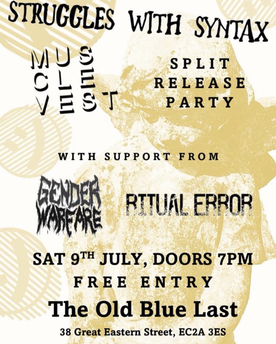 Our first show is tomorrow with @StrgglsWthSyntx, @VestMuscle and @WarfareGender we are on at 7:30! The show is free and you can get tickets here - link.dice.fm/J3FteEuNurb #posthardcore #punk #hardcore #hardcorepunk #noiserock #london #londonband #londonpunk #londonhardcore