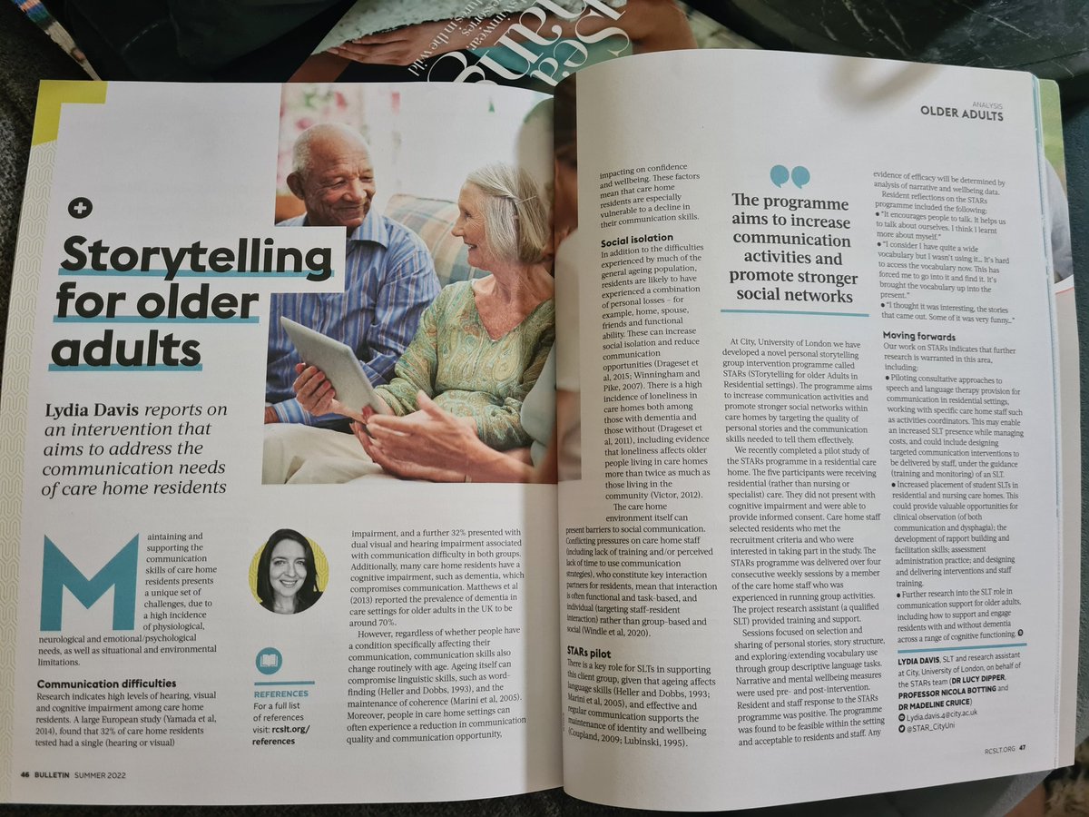 STARs_CityUni's tweet photo. I'm delighted so see my article about the @CityLCS #STARs project in the latest @rcslt_bulletin 🤩. Written on behalf of the #STAR team @LucyDipper @MadelineCruice @botting_nikki 🌟✨️💖
#olderadults #carehomes #adultSLT https://t.co/kAGGufofUk
