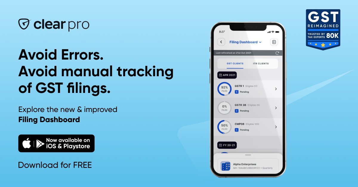 gst_clear's tweet image. The easiest way to track client activity is here and now. Track the GSTR-1 filing status of any number of clients easily on the smart &amp;amp; improved ClearPro app. 
Download now: bit.ly/37WPJy4

#GST #Automation #BuildingClear