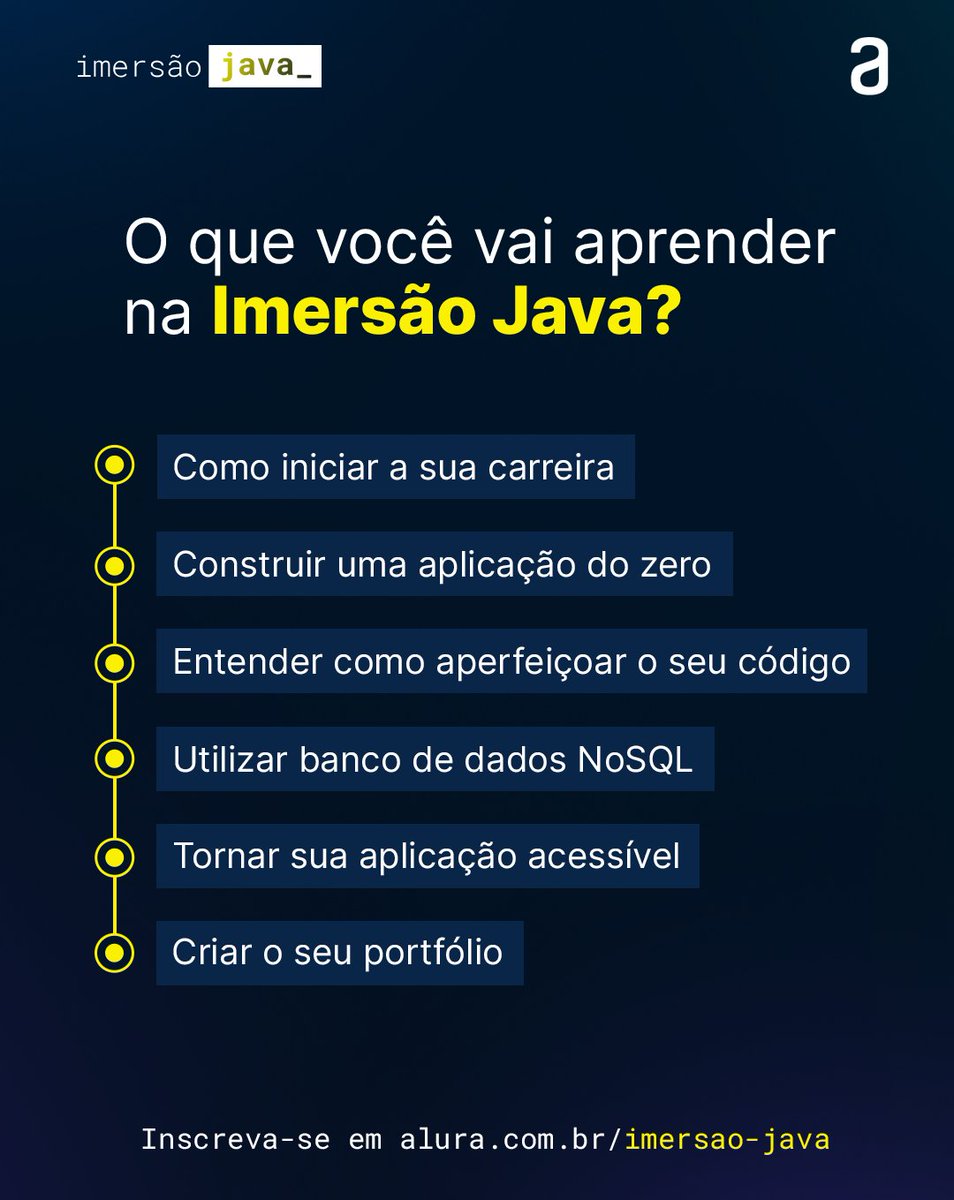 AluraOnline's tweet image. Já garantiu a sua vaga na #ImersãoJava? 👀

É a sua oportunidade de mergulhar em Back-End e explorar um dos mercados mais promissores em tecnologia. 

[+]