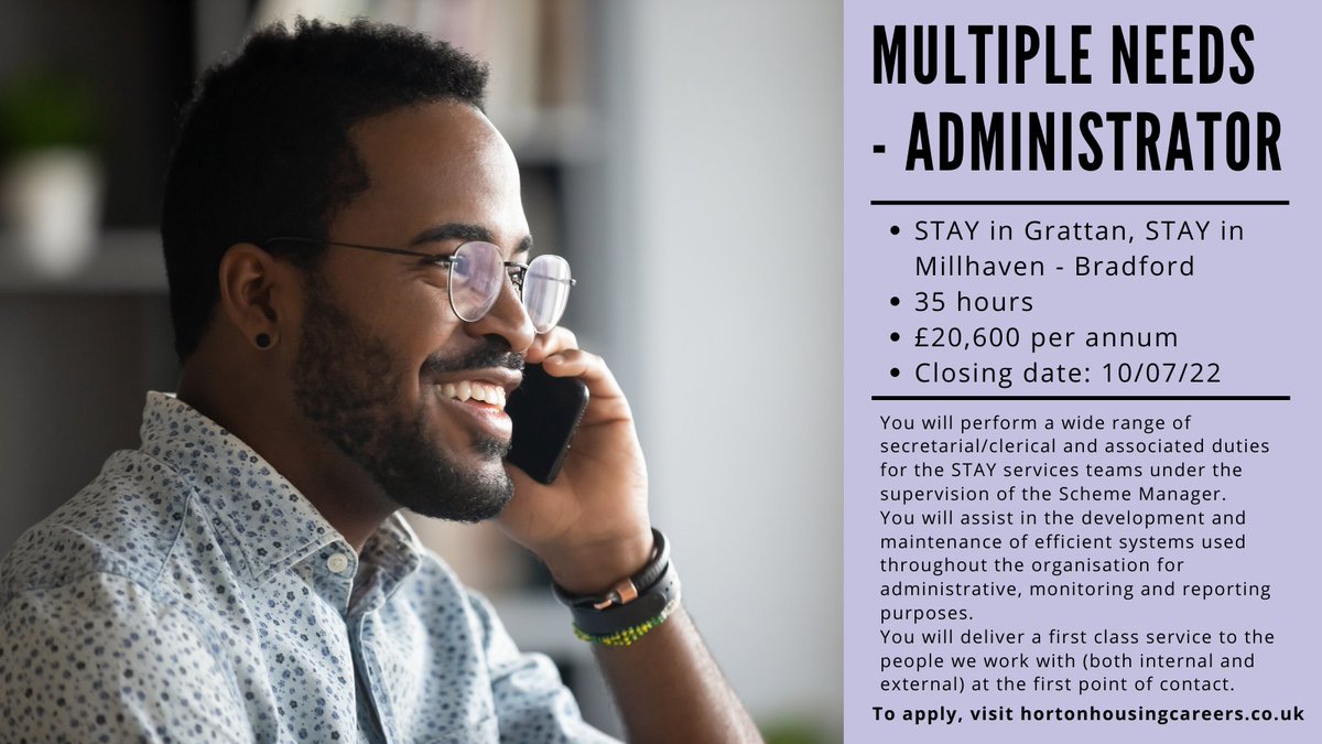 🚨 NEW JOB OPPORTUNITY 

We're recruiting for a Multiple Needs Administrator based at two of our STAY services in Bradford. 

To apply, visit the link below
ow.ly/8Eb850JRpUX

Closing date is 10 July 2022

#Wearehiring #newjob #Bradfordjobs
