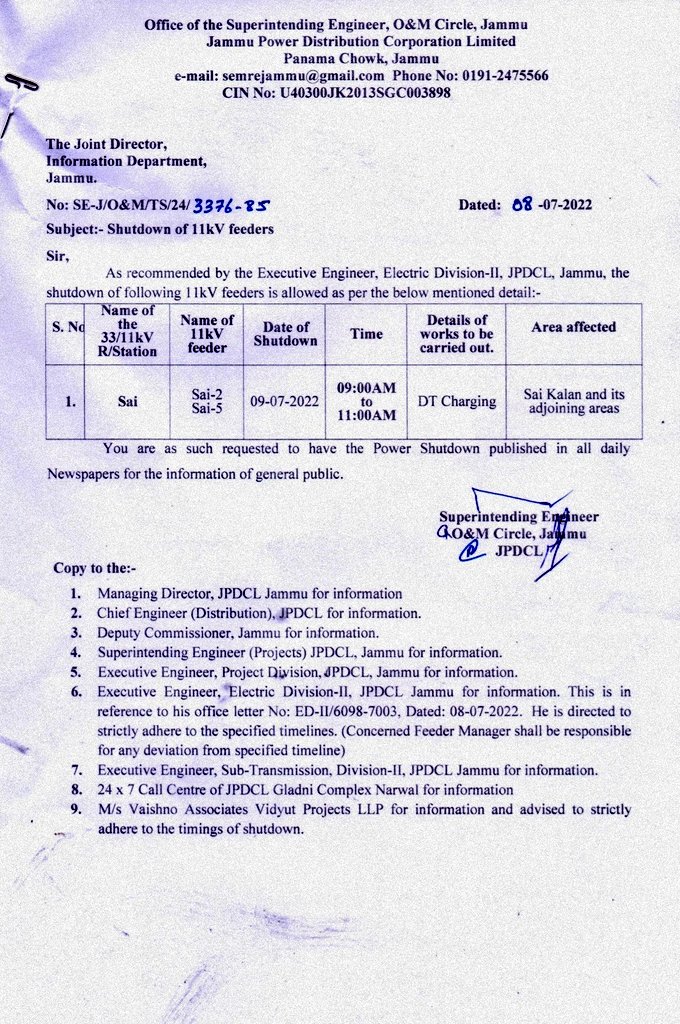 #POWER #SHUTDOWN
<a href="/pddjkofficial/">Power Development Department, J&K</a>
<a href="/diprjk/">Information & PR, J&K</a> 
@ChairmanJPDCL 
<a href="/JPDCLofficial/">Jammu Power DISCOM</a> 
<a href="/ChiefJammu/">Chief Engineer Distribution, JPDCL Jammu</a> 
<a href="/ED3JPDCL/">Electric Division-III, JPDCL</a> <a href="/XENJPDCLEDII/">Executive Engineer Electric Division-II, JPDCL</a>
<a href="/ITJPDCL/">IT&C Division, JPDCL; J&K PDD, Jammu</a>