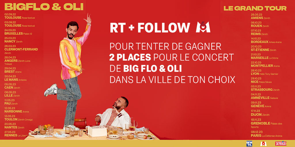 🎤 JEU CONCOURS 🎤
Tentez de remporter 2 places pour le concert de Big Flo &amp; Oli dans la ville de votre choix !
👉 RT + Follow M6