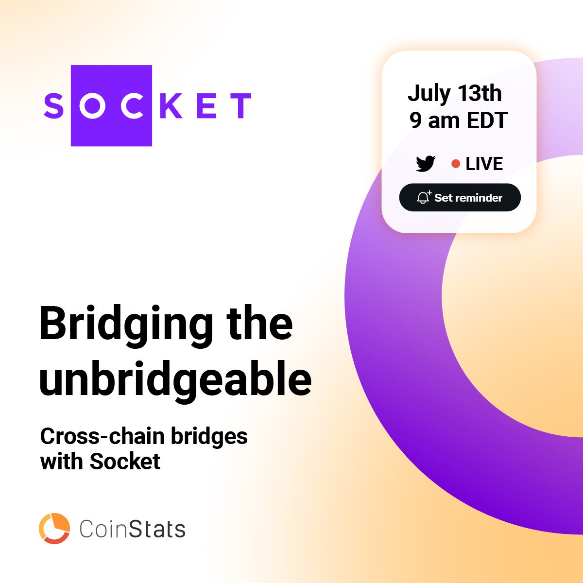 CoinStats's tweet photo. In a world full of inoperability, be @SocketDotTech that connects 🤝

Come hear the Socket team explain cross-chain bridges, share thoughts on the future of #DeFi and ask your Qs.

Set a reminder 🔔

https://t.co/kTtGZkNAxz https://t.co/DJaNQ8EIyV