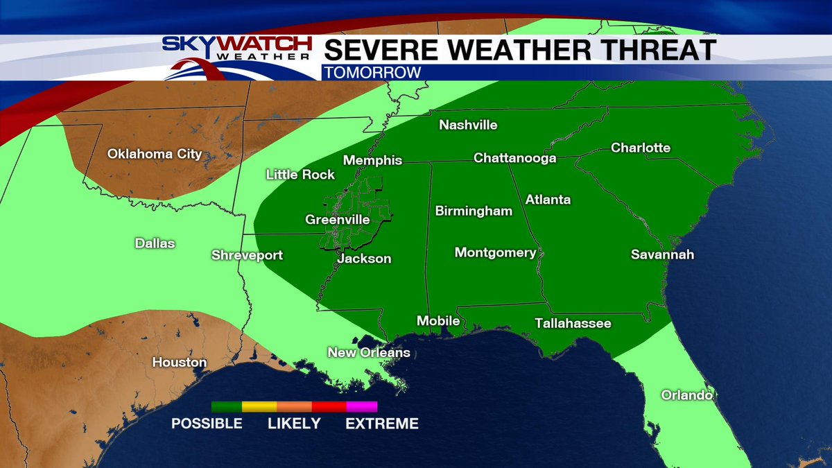 ChaseWard61's tweet photo. There will be a Marginal Risk for severe weather on Saturday. Damaging wind gusts of 60 mph will be the only concerns with the scattered t-storms that will move across the region tomorrow afternoon and evening. #MSweather https://t.co/EdlmKoGoky
