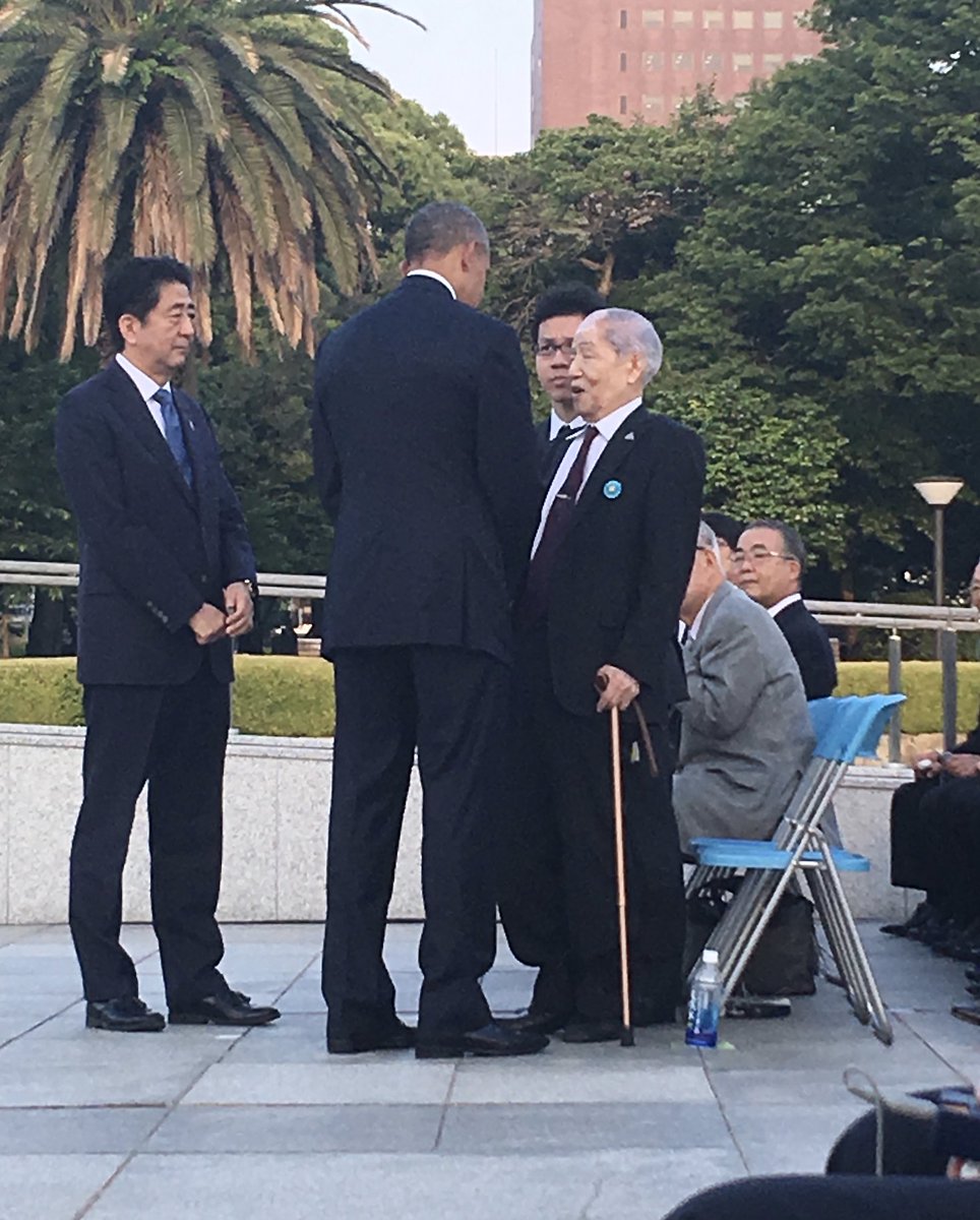 brhodes's tweet image. Abe and Obama made joint visits to Hiroshima and Pearl Harbor in 2016 which had not been done before. This moment when they greeted survivors of the atomic bomb was one of the most powerful things I’ve seen.