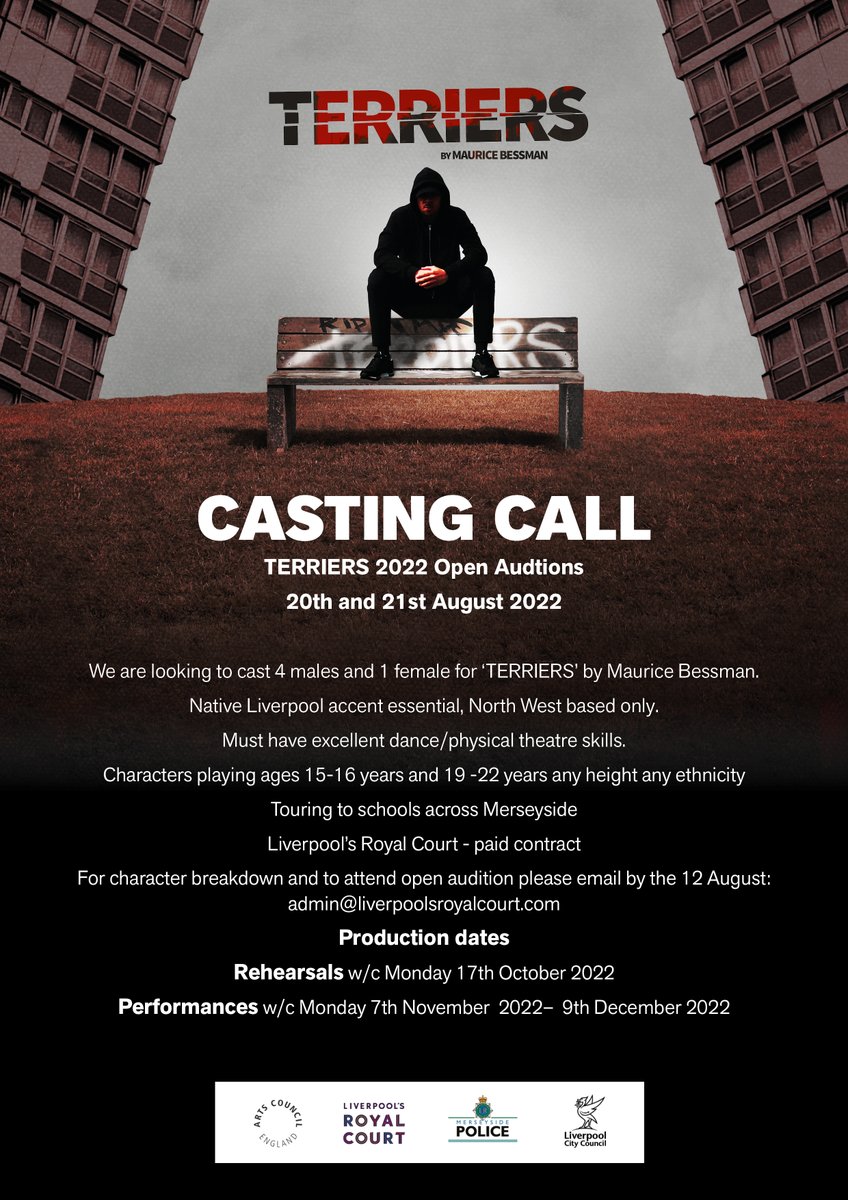 CASTING CALL!!!📢

We will be touring Terriers again soon and we are looking to cast 4 Males and 1 Female with native Liverpool accents and based in the North West. 

If you're interested or know anybody who is then get in touch at admin@liverpoolsroyalcourt.com
#castingcall