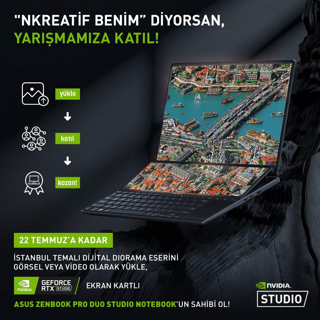 nvidiageforcetr's tweet photo. Nkreatif benim diyorsan, yarışmamız başladı 🥳

22 Temmuz'a kadar İstanbul temalı dijital diorama eserini yükle, NVIDIA GeForce RTX ekran kartlı Asus Zenbook Pro Duo Studio Notebook’un sahibi ol! 💚

Katılmak için: https://t.co/SWBE6zR5xX

@mesutcevik @tariktolunay @koraybirand https://t.co/N7Zjs6fyex