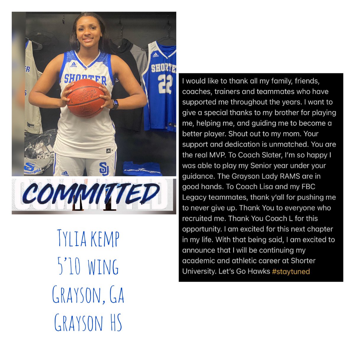 Thank You to everybody who supported me. Everything will make sense. 100% COMMITTED!!! #Letsgohawks #shorterwbb #shorteruniversity #recruitgrayson
