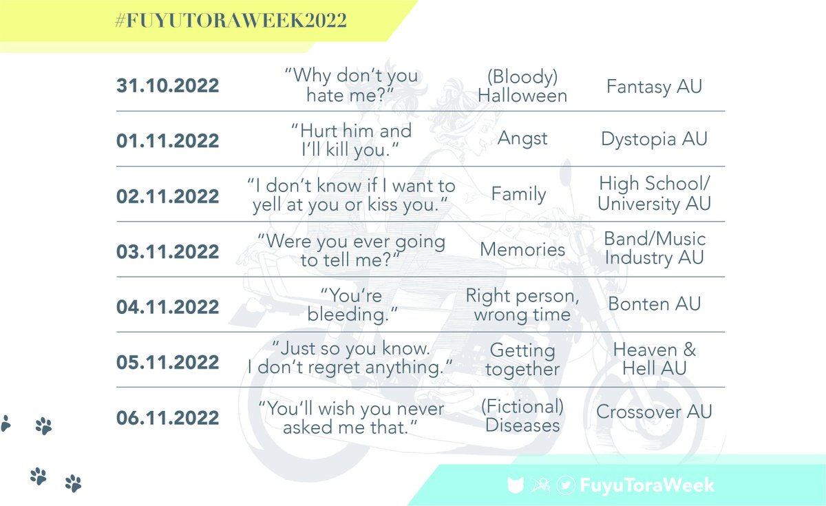 FuyuToraWeek's tweet photo. Here are the prompts for FuyuTora/ToraFuyu Week 2022! ❄️🐯

Event will be from Oct. 31th – Nov. 06th

Open the thread for more information!

#fuyutoraweek2022 | #fuyutora | #torafuyu | #kazufuyu | #TokyoRevengers https://t.co/6tp3oiq33x