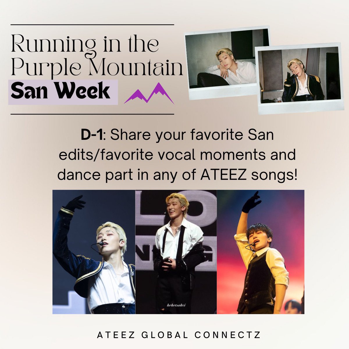 ATINYS ‼️

The fourth/final activity of Running in the Purple Mountain San Week is to share your favorite San edits/vocal moments and dance part in any ATEEZ’s songs! Share your post by QRT or reply! 

#RunningwithSan 
<a href="/ATEEZofficial/">ATEEZ(에이티즈)</a> #ATEEZ #에이티즈
