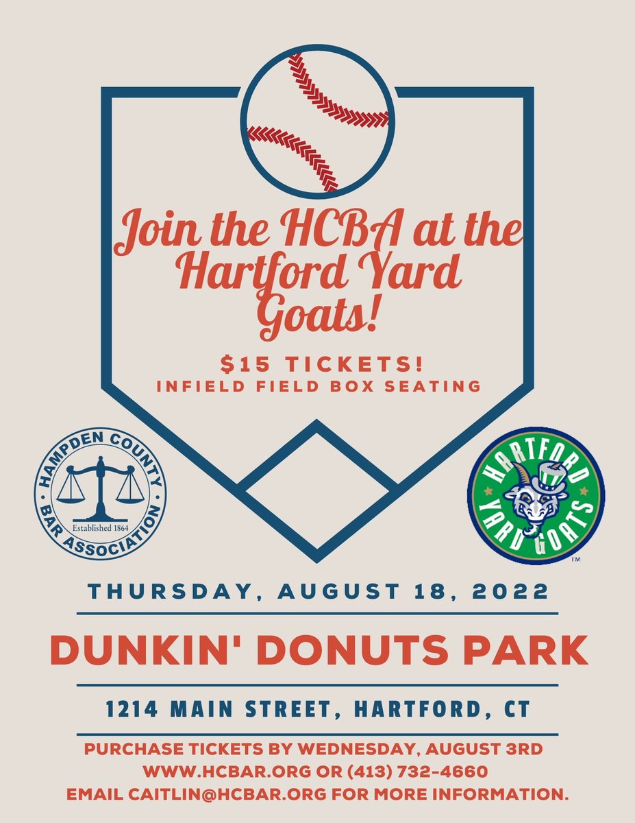 Join the Hampden County Bar Association at Dunkin Donuts Stadium on Thursday, August 18th for the Hartford Yard Goats game! Tickets are $15! Family &amp; friends are welcome to attend. We hope to see you there! #HCBA #BarAssociation #GroupOuting #HartfordYardGoats #baseballseason2022