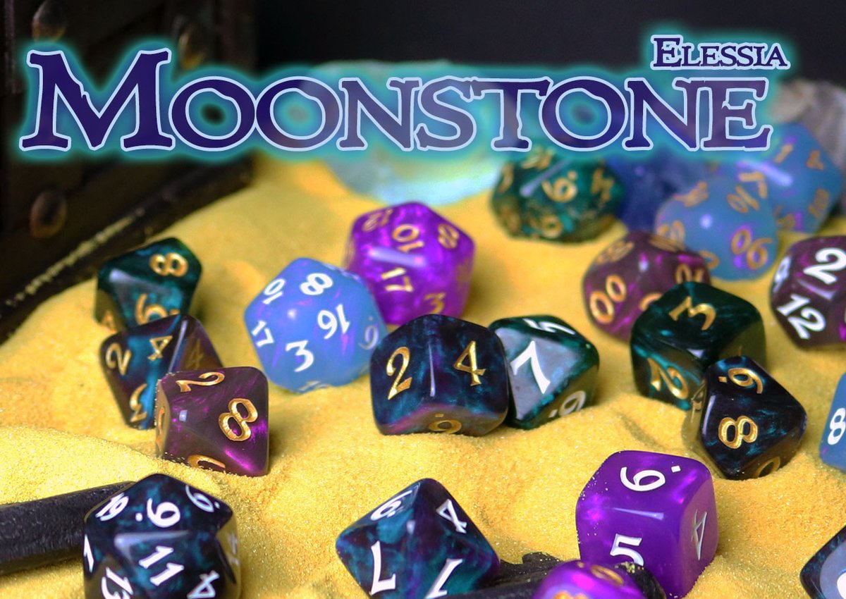 dieharddice's tweet photo. Elessia Moonstones in 10 entrancing styles are now available! 

Take a look at these, and other July launches here: https://t.co/qyYCfFQZMN 

#dice #dnd #ttrpg https://t.co/LojAvxfoxS