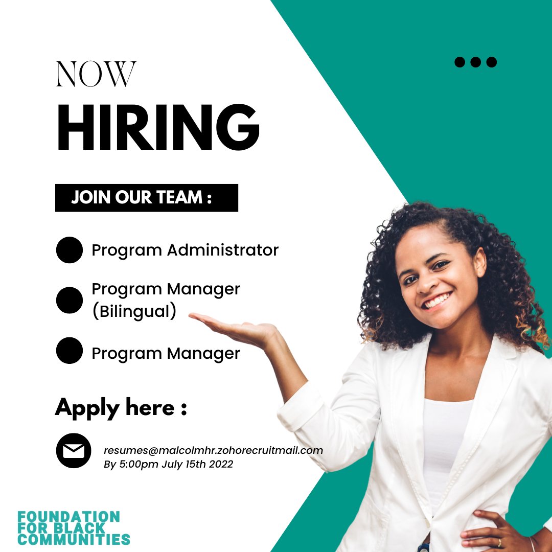 FdnBlkComm's tweet photo. We're growing and looking for like minded individuals to join the FFBC team!
Positions available 
- Program Administrator
- Program Manager
- Program Manager (Bilingual)
Send your resume to resumes@malcolmhr.zohorecruitmail.com by July 15th https://t.co/1kvPfLPNdL