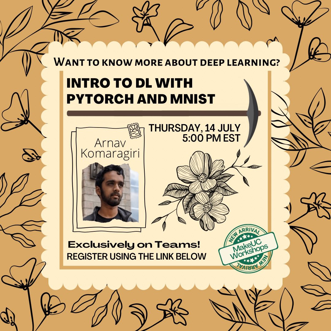 makeuc_io's tweet photo. Join us for our first MakeUC Workshop, Thursday 7/14 at 5:00pm EST!
Register here for access to this workshop: https://t.co/Ra8JPplWCa
This workshop is ideal for students looking to build foundational skills for more complex deep learning projects #MakeUC #hackathon https://t.co/A4U8KC9D9M