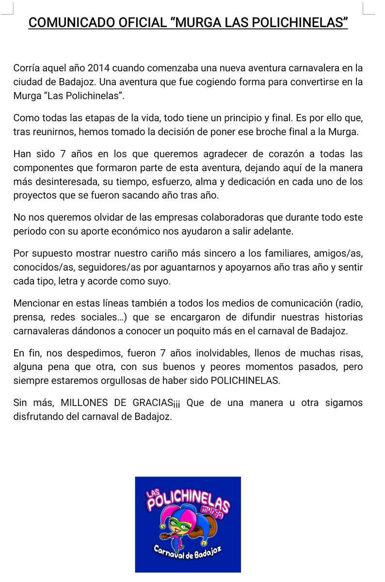 COMUNICADO OFICIAL DE LA MURGA LAS POLICHINELAS!!