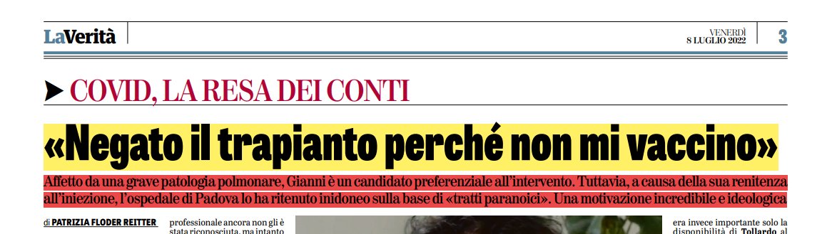 Quando Draghi diceva:'' Non ti vaccini , ti ammali e muori '' aveva ragione perché chi ha deciso di non dare il braccio allo Stato non può neanche chiedere un trapianto.
Finiamola con questa '' Vaccinocrazia '', la medicina deve curare tutti senza nessuna esclusione.
#exit