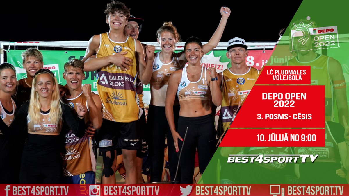 Svētdien no plkst. 9:00 DEPO Open Latvijas čempionāta pludmales volejbolā 3. posms no Cēsīm TIEŠRAIDĒ kanālā <a href="/Best4SportTV/">Best4SportTV(24SPORT.APP)</a> .