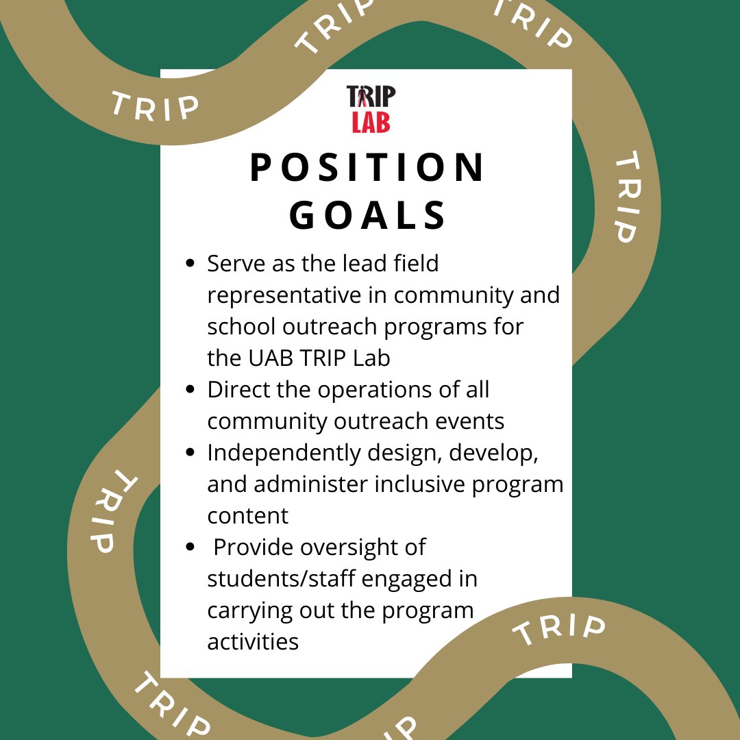 UABTRIPLAB's tweet photo. The UAB TRIP Lab is looking for an Outreach Program Manager! Apply now using the link in our bio. @UABNews @uabSOPH @UABSchoolofBiz @UABEducation @UAB_CAS https://t.co/Dy80SpVpGR