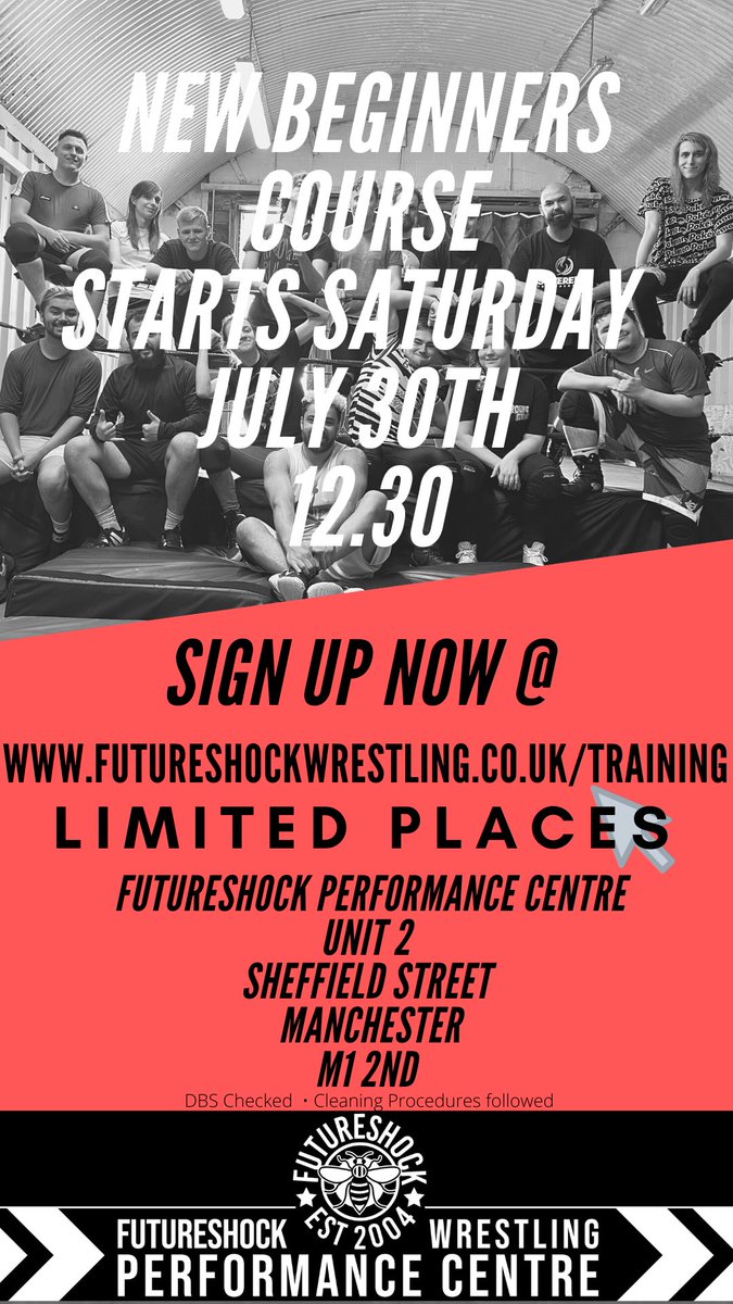 Our beginners program intake is starting later this month
July 30th. 

This 4 Week Crash course is only £60

Sign up on our website or email for more information. 

Train with the Best in the North West!

#BeMore #NWS #Manchester #NewYou 

📧: Training@FutureShockWrestling.co.uk