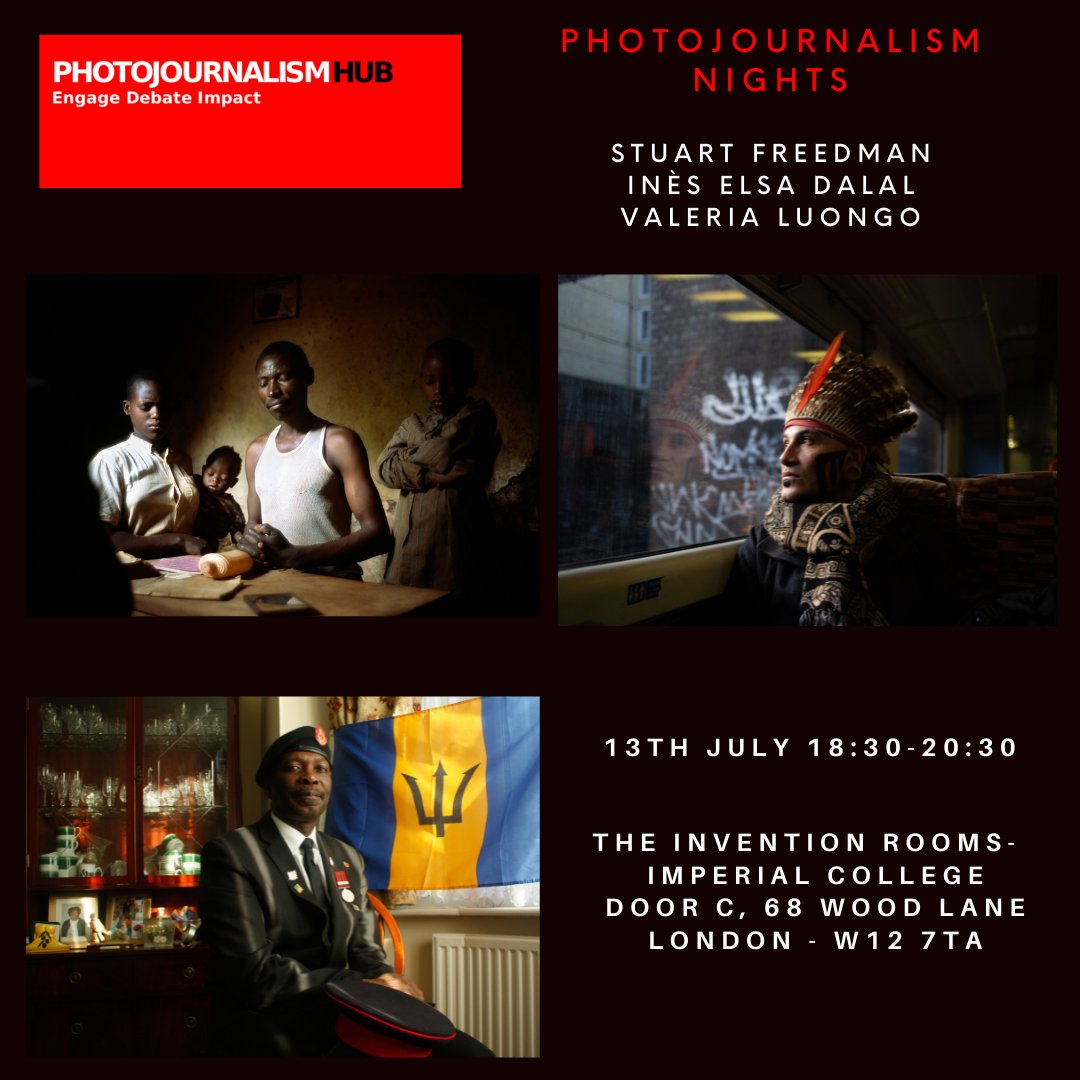 PHOTOJOURNALISM NIGHTS on the 13th July <a href="/InventionRooms/">The Invention Rooms - Imperial College</a>  and we are very pleased to welcome three great photographers <a href="/stuartfreedman/">Stuart Freedman</a>, <a href="/valerialuongo8/">valeria luongo</a> and <a href="/InesElsaDalal/">Inès Elsa Dalal</a>  To learn more and to join us: shorturl.at/ARTW2